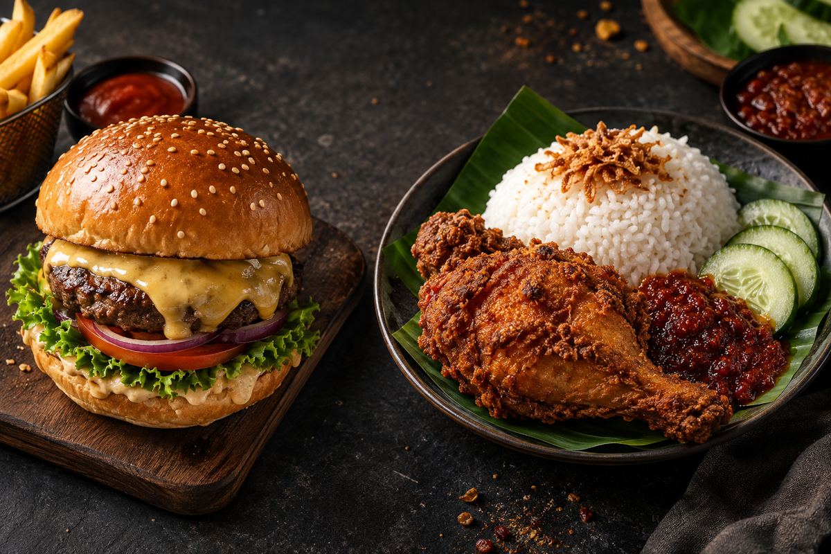 Cadangan hidangan burger keju dan nasi kukus ayam berempah